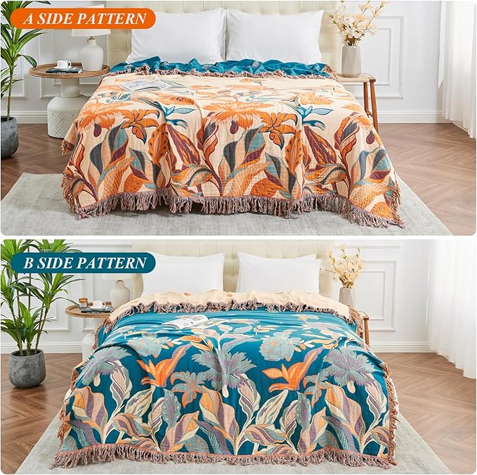 Boho Throw Blanket for Bed-100% Cotton Soft Breathable Farmhouse Decor Boho Quilt for Sofa (Flowers Tulips, 80"x90")