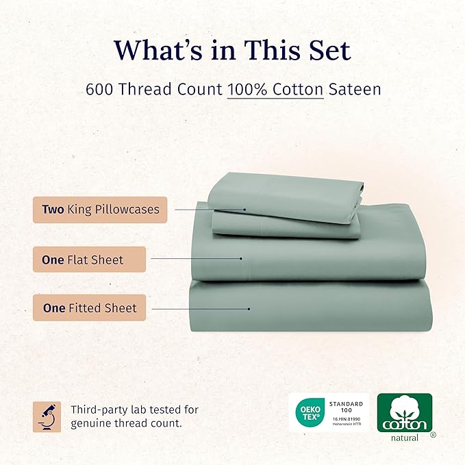 California Design Den California King Sheet Set - 100% Cotton, 600 Thread Count Deep Pocket Cal King Sheet Set, Luxury Hotel-Quality Sheets with Soft Sateen Weave (Sage Green - Cool Tone)