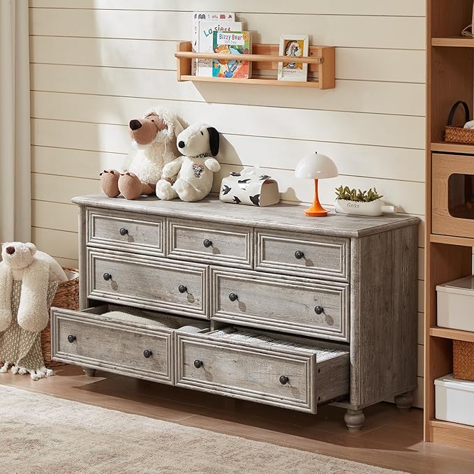 Farmhouse Dressers & Night Stand Set of 3, Wood 54" Wide Dresser & 43.5"Tall Chest of Drawers, 18" Roman Column Nightstand, Bedroom Furniture 7 Drawer Dresser Set for Bedroom Home Living Room Hallway