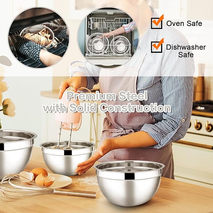 E-far Stainless Steel Mixing Bowls with Lids, 7-Piece Metal Mixing Bowls with Khaki Airtight Lids for Baking/Cooking/Prepping, Size 7, 4.6, 3, 2, 1.5, 1, 0.7QT, Nesting Design & Easy Storage