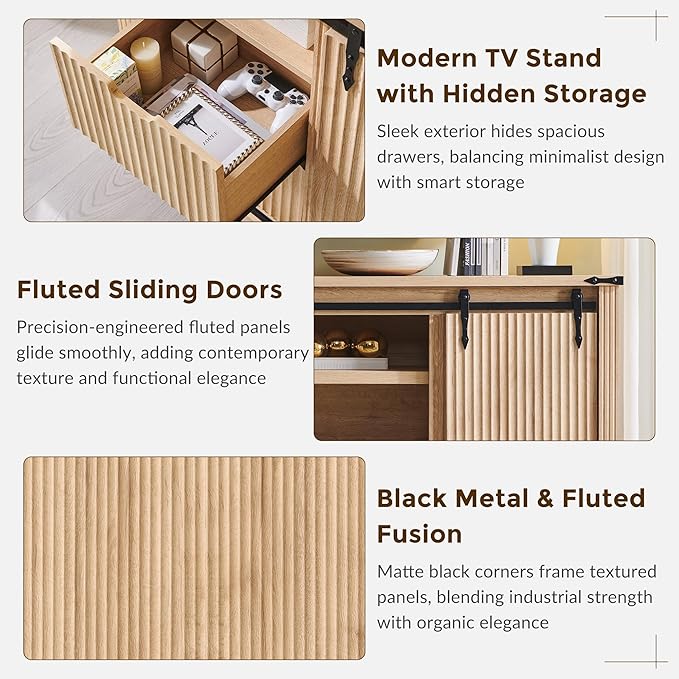 JXQTLINGMU Modern 66" TV Stand, Entertainment Center for TVs Up to 75", Media Console w/4 Drawers & Sliding Door, Luxury Fluted TV Stand w/Storage Shelves, Wood Television Stand for Living Room, Oak