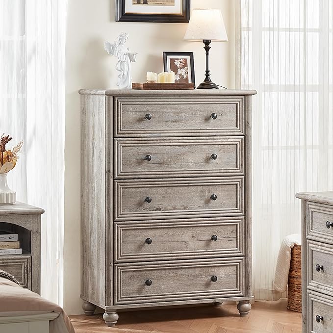 Farmhouse 5 Drawers Dresser for Bedroom, Wood 45" Tall Chest of Drawers, Dresser Rustic Storage Dressers Organizer with Metal Handle Closet for Living Room, Hallway Entryway