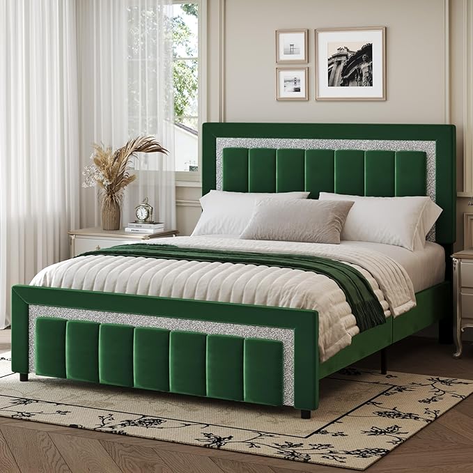 HOMBCK Bed Frame Queen Size with Upholstered Headboard and Footboard, Velvet Queen Bed Frames with Diamond Design, No Box Spring Required, Easy Assembly, Green