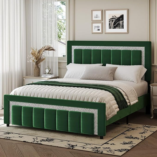 HOMBCK Bed Frame Queen Size with Upholstered Headboard and Footboard, Velvet Queen Bed Frames with Diamond Design, No Box Spring Required, Easy Assembly, Green