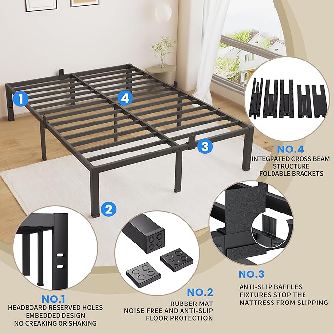 MAF 14 Inch California King Bed Frame No Box Spring Needed Heavy Duty Platform Cal King Bed Frame with Steel Slat Support 3000 LBS Noise Free Black Bed Frame Cali King