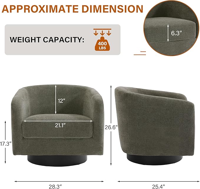 UIXE Swivel Accent Chairs Set of 2, Chenille Barrel Chair Upholstered Armchair for Living Room, Modern Round Arm Chair Small Single Sofa Bedroom Reading Seat - Tan