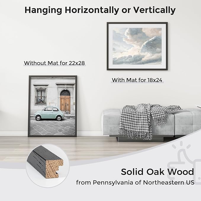 Axeman 22x28 Picture Frame with Mat for 18x24, Solid Oak Wood Poster Frame with Tempered Glass, Wooden 22''x28'' Minimalist Photo Frame Puzzle Frame with Free Wall Hooks, Set of 2, Black