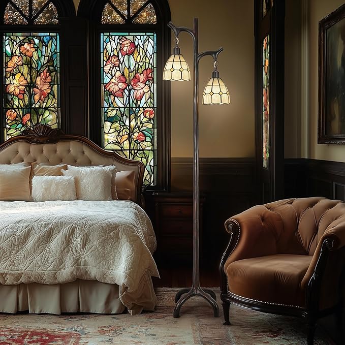 68" Tiffany Style Stained Glass Floor Lamp for Living Room,Modern Industrial Vintage Standing Floor Lamp for Bedroom,Stepless Dimmable Rustic Tree Trunk Tall Lamp for Study Room (Bulb Included)