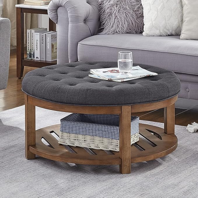 24KF Large Round Upholstered Tufted Linen Ottoman Coffee Table, Large Footrest Ottoman with Wood Shelf Storage-Charcoal