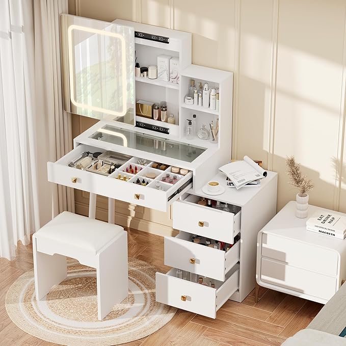 KAMABOKO Vanity Desk with Sliding Mirror and Lights, Makeup Vanity Table with 4 Drawers and Storage Rack, Glass Transparent Top Makeup Vanity with Stool for Bedroom (White)