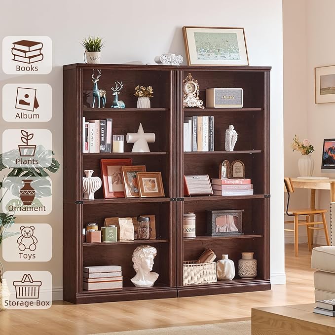 70" Walnut Tall Bookshelf Set of 4,5-Tier Thick Wooden Book Shelf with Adjustable Shelves,Free Standing Farmhouse Bookcase with Open Display Storage,Floor Vintage Bookshelves for Living Room