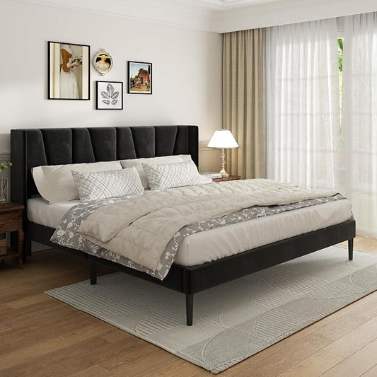 King Bed Frame with Headboard and Wingback, Velvet Upholstered Platform Bed, Mattress Foundation with Wooden Slat Support, No Box Spring Needed, Easy Assembly, Noise Free, Black