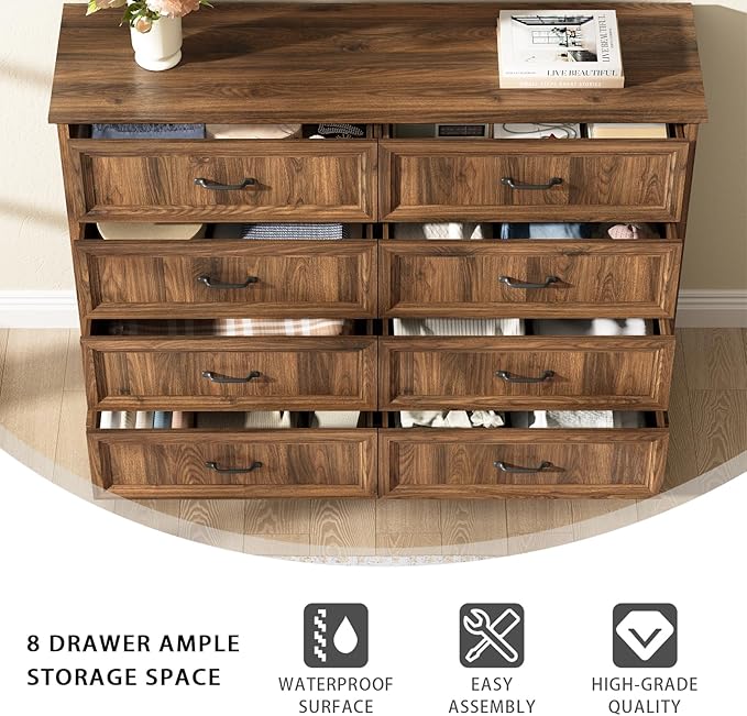 Farmhouse 8 Drawer Dresser for Bedroom, 55 Inch Wide Modern Walnut Dresser TV Stand with Large Drawers & Bar Handles, Rustic Wood Chest of Drawers for Bedroom, Living Room, Hallway, Entryway.