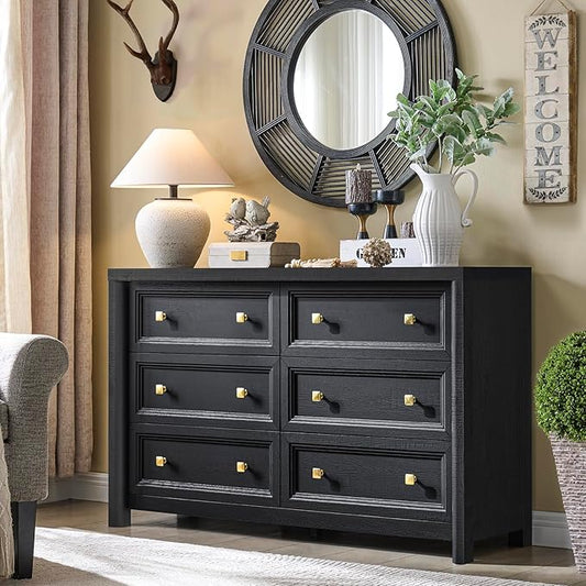 Black Dresser, Farmhouse 6 Drawer Dresser for Bedroom, 52 inch Wide Dressers with Deep Drawers, Vintage Dressers, Solid Wood Chest of Drawers for Bedroom, Nursery