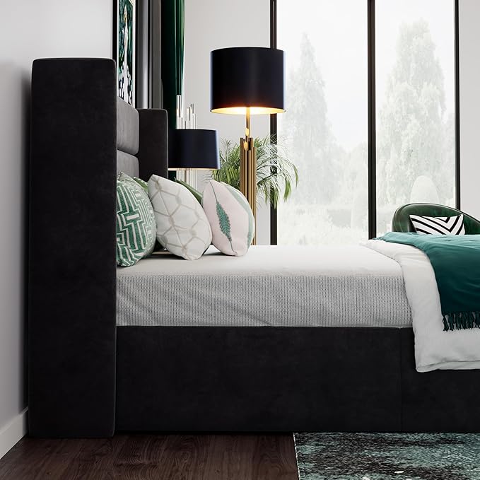 SHA CERLIN Queen Size Lift Up Storage Bed/Velvet Upholstered/Modern Wingback Headboard/Upholstered Platform Bed Frame/Hydraulic Storage/No Box Spring Needed/Black