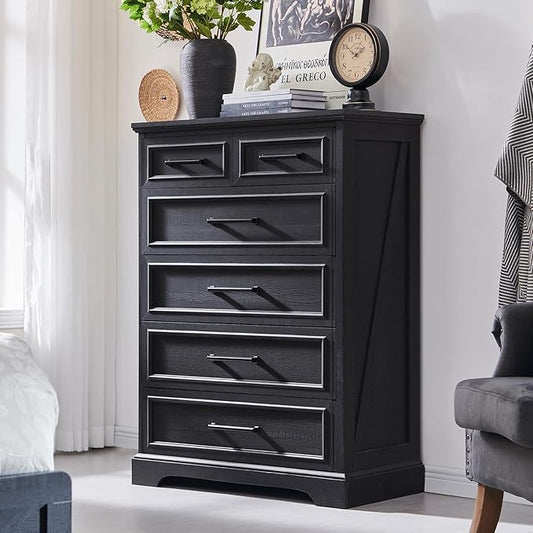 6 Drawer Dresser, Farmhouse Chest of Drawers for Bedroom, 44" Tall Dresser with Large Metal Handles, Wood Drawer Organizer for Living Room, Hallway, Closet - Black