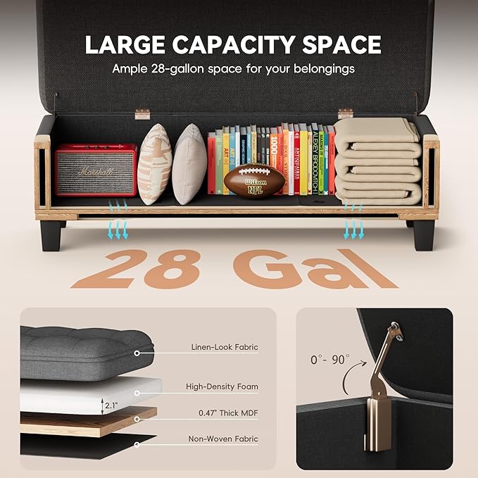 YESHOMY 47 Inches Ottoman with Storage, Storage Bench with Legs, Ottomans for Living Room, Entryway, Adjustable & Movable, Easy Assembly, Linen Fabric Dark Gray