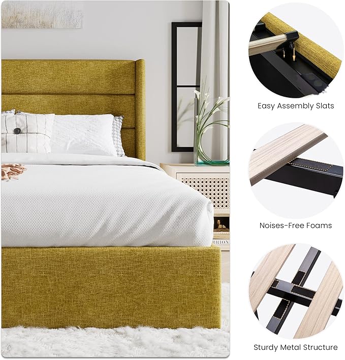 SHA CERLIN Queen Size Lift Up Storage Bed/Modern Wingback Headboard/Upholstered Platform Bed Frame/Hydraulic Storage/No Box Spring Needed/Wood Slats Support/Olive Yellow