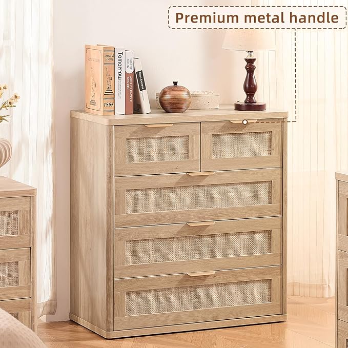 LEYAOYAO Rattan Dresser for Bedroom Set of 2, 33.5" Tall Chest of Drawers, Modern 5 Drawers Boho Dressers with Storage, Light Oak Dresser Wooden Closet Organizer for Living Room, Hallway, Natural Wood