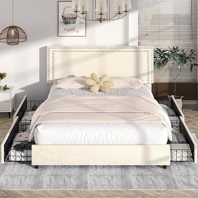 VECELO Queen Size Upholstered Platform Bed Frame with 4 Storage Drawers, Adjustable Velvet Rivet Decor Headboard, Wooden Slats Support, No Box Spring Needed, Easy Assembly