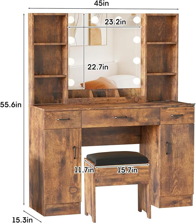 Makeup Vanity Table with Lighted Mirror & Outlets, Large Vanity Set Vanity Desk with Lots of Storage, 3 Lighting Modes, Brightness Adjustable, 45inch