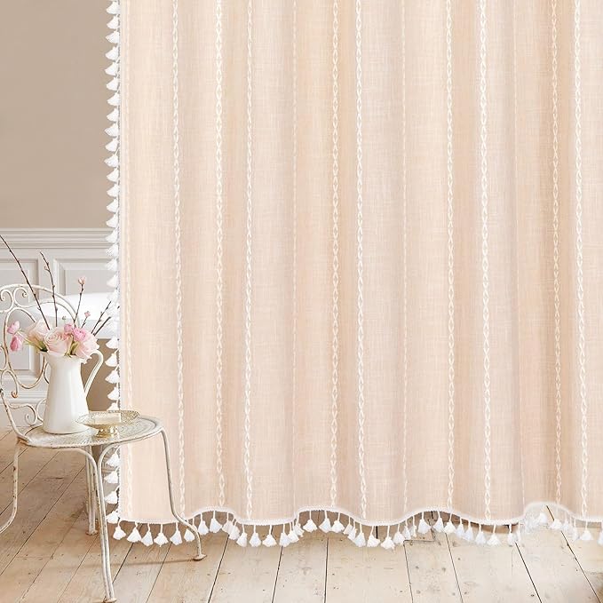 MitoVilla Beige Boho Small Stall Fabric Shower Curtain 36 x 72, Cream Half Size Narrow Polyester Linen Tassel Cloth Shower Curtains for Chic Modern Farmhouse Country Bathroom Decor
