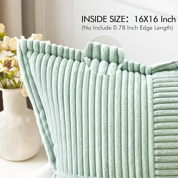 MIULEE Mint Green Corduroy Pillow Covers 16x16 Inch with Splicing Set of 2 Soft Boho Striped Pillow Covers Broadside Decorative Textured Summer Pillowcases for Couch Cushion Bed Livingroom