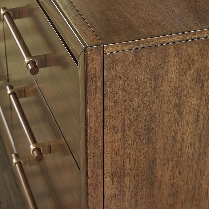 Signature Design by Ashley Lyncott Mid-Century Modern 6-Drawer Dresser and Mirror with Safety Stop and Felt-Lined Top Drawer, Light Brown