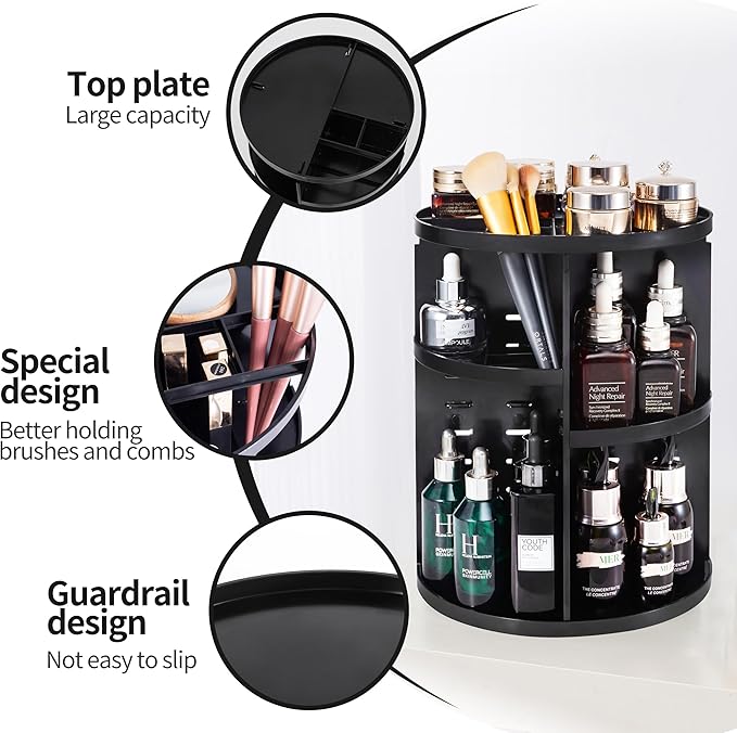 360 Rotating Makeup Organizer,DIY Adjustable Spinning Holder,Foldable Cosmetic Storage Display box,Large Capacity Make up Caddy Shelf,Fits Countertop Vanity and Bathroom (BLACK)