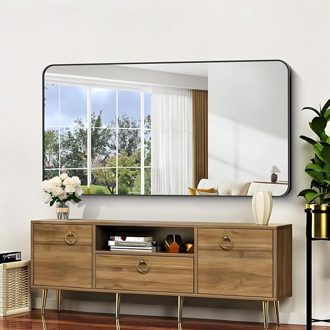 Bathroom Mirror, 30x60 inch Black Rectangle Wall Mirror, Metal Frame Rounded Corner Vanity Mirror, Large Wall Mounted Mirrors for Over Sink Bedroom Living Room Horizontal Or Vertical Mounting
