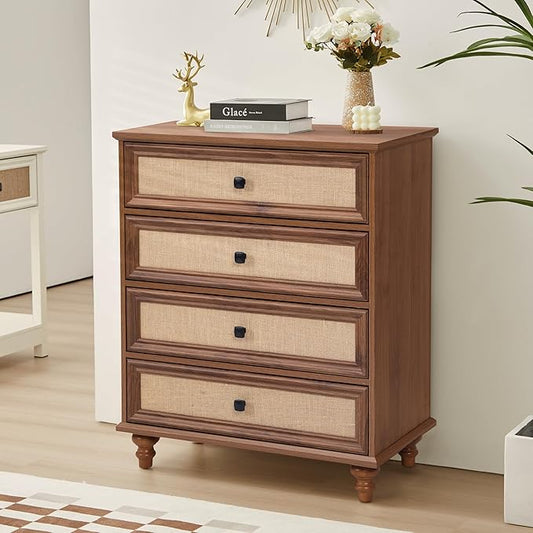 ORRD 4 Drawer Dresser for Bedroom, Mid Century Modern Wide Wood Rustic Chest of Drawers Wooden Storage Organizer Dressers with Burlap Rattan Drawers for Living Room, Hallway Closet, Entryway, Walnut