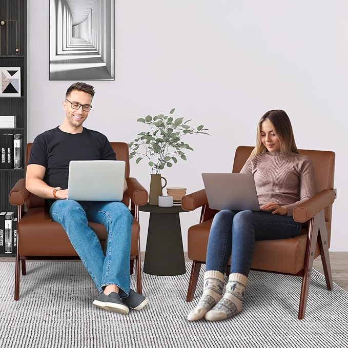 AODAILIHB Mid Century Modern Chairs Set of 2 Brown Leather Accent Chair Wood Arms with Soft Bag Living Room Chairs with Thick Cushion Comfy Side Waiting Room Chairs Bedroom/Office (2, Brown)