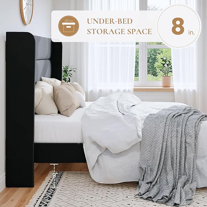 SHA CERLIN King Size Velvet Bed Frame/Vertical Channel Tufted Wingback Headboard/Upholstered Platform Bed with Wooden Slats/Mattress Foundation/No Box Spring Needed/Easy Assembly/Black