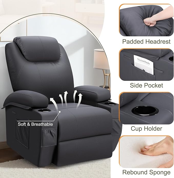 VICTONE Electric Power Lift Recliner Chair for Elderly Reclining Sofa for Living Room with Massage, Side Pockets and Cup Holders (Fabric, Navy Blue)