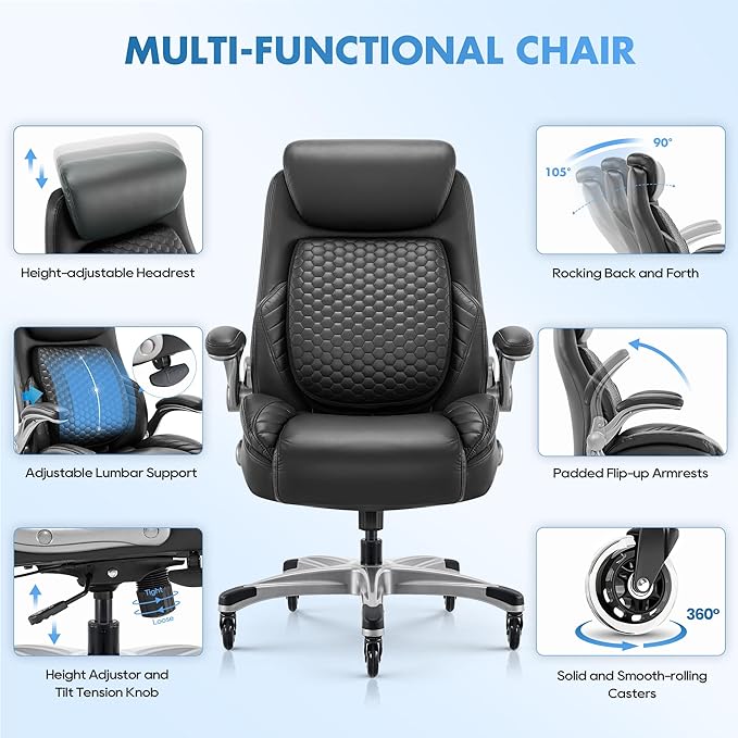 COLAMY Office Chair Ergonomic Desk High Back Executive Chair with Pop-Out Lumbar Support, Upgraded Casters, Adjustable Headrest, Flip-Up Arms, Leather Home with Thick Cushion for Comfort - Black
