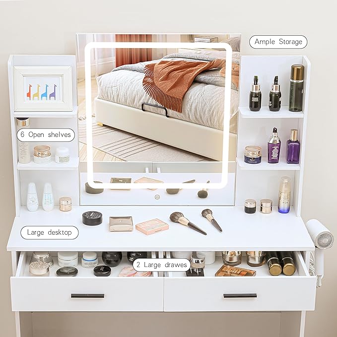 KAMABOKO Vanity Desk with Mirror, LED Lights and Power Outlet, Makeup Vanity Table with 2 Drawers and 6 Storage Shelves, Dressing Table for Bedroom Dressing Room (White)