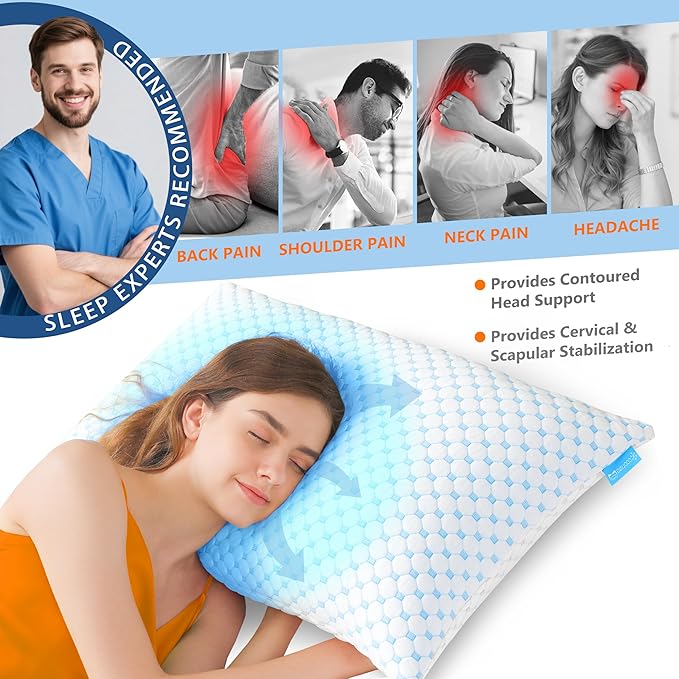 Cooling Memory Foam Pillows for Sleeping Firm and Soft, King Size Set of 2, Original Adjustable Pillows for Side, Back or Stomach Sleepers (2, Blue, King)