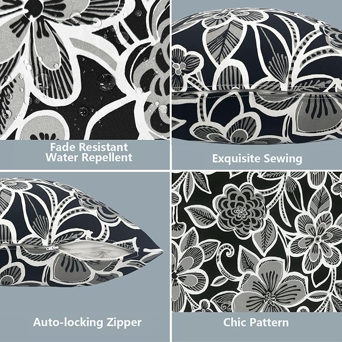 LVTXIII Outdoor Throw Pillow Covers 20 x 20 Inch, Covers ONLY Modern Cute Pattern Decorative Square Toss Pillow Case Pack of 2 for Home Patio Garden Sofa Bed Furniture, Flower Black