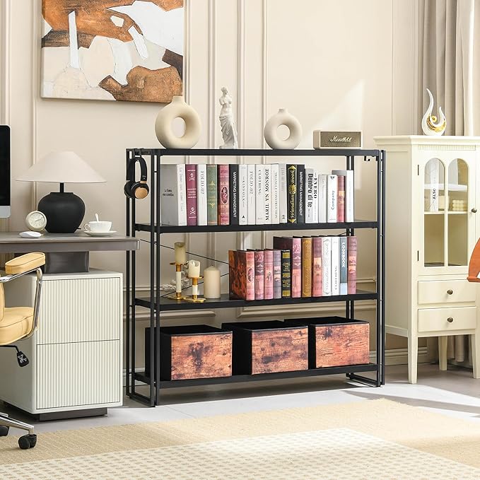 HCHQHS Bookshelf, 4-Tier Industrial Bookcase, Black Open Book Shelf, Freestanding Tall Bookshelves with Metal Frame