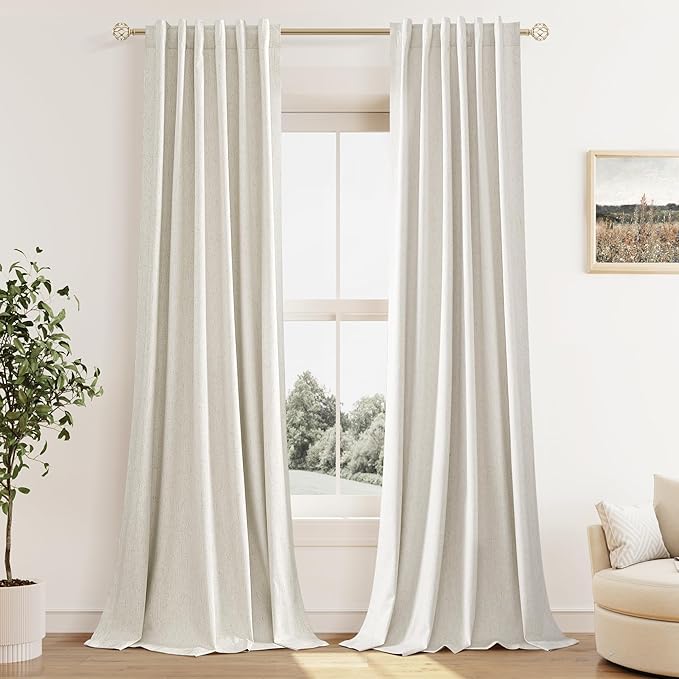 Guken 100% Blackout Linen Curtains 40 Inch Wide by 90 Inch 2 Panels Set for Living Room Bedroom Back Tab Thermal Insulated Black Out Linen Drapes Room Darkening Window Curtains, Natural