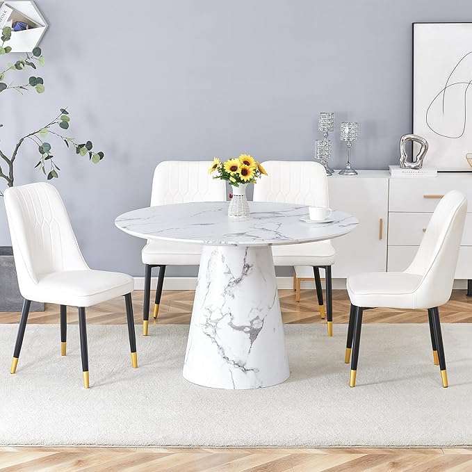 45 Inch Round Dining Table Set for 4, 5 Piece Kitchen Table and Chairs Set, White Faux Marble Table Top, Small Space Dining Set for Apartment or Dining Room