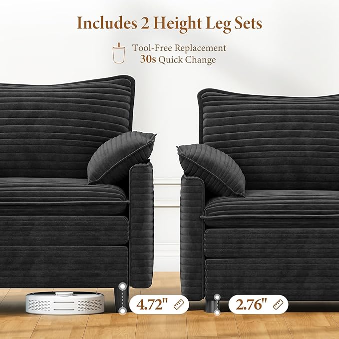 Vesgantti 108" U Shaped Sectional Couch, Comfy Cloud Modular Sectional Sofa with 2 Ottoman Deep Seat Corduroy Modern Cloud Sofa, Modular Sofas for Living Room, Bedroom and Apartment, Gray