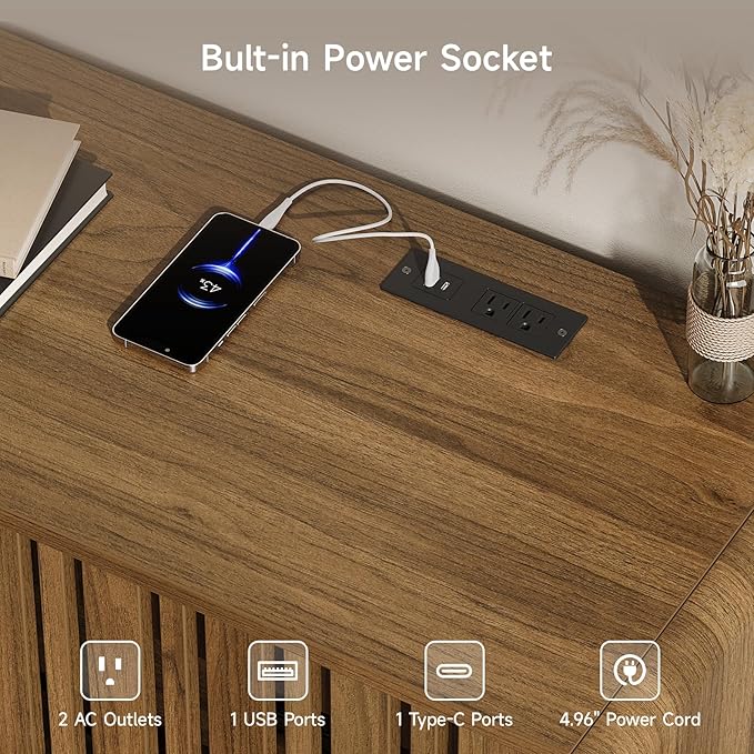 63-Inch TV Stand for TVs up to 75 Inch, Mid-Century Modern Television Stand with Power Outlet， Entertainment Center with Sliding Grille Door Cabinets and Open Shelves for Living Room, Oak