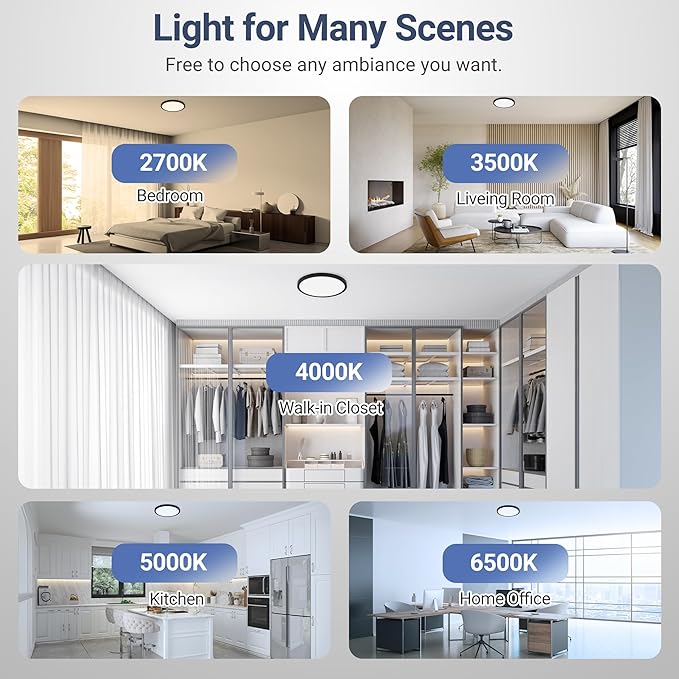 6 Pack 2640LM LED Flush Mount Ceiling Light Fixture, 12inch 24W Dimmable & 5 CCT Selectable (2700K-6500K), Sleek Modern Ceiling Light for Bedroom Laundry Hallway Kitchen, Black