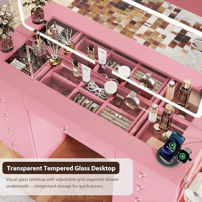 Vanity Desk with Mirror and Lights, 11 Drawers Makeup Vanity Desk with Tempered Glass top, 3 Lighting Modes Adjustable Brightness, Pink Vanity with Magnetic 5X Magnifier for Bedroom