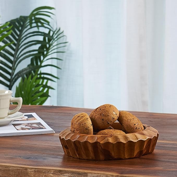 Teak Handcrafted Wooden Bowls Natural Wood Round Utility Bowl 7.9" W Handmade Rustic Serving Platter Fruit Snack Holder for Entry Table Vintage Artworks Dining Room Home Décor
