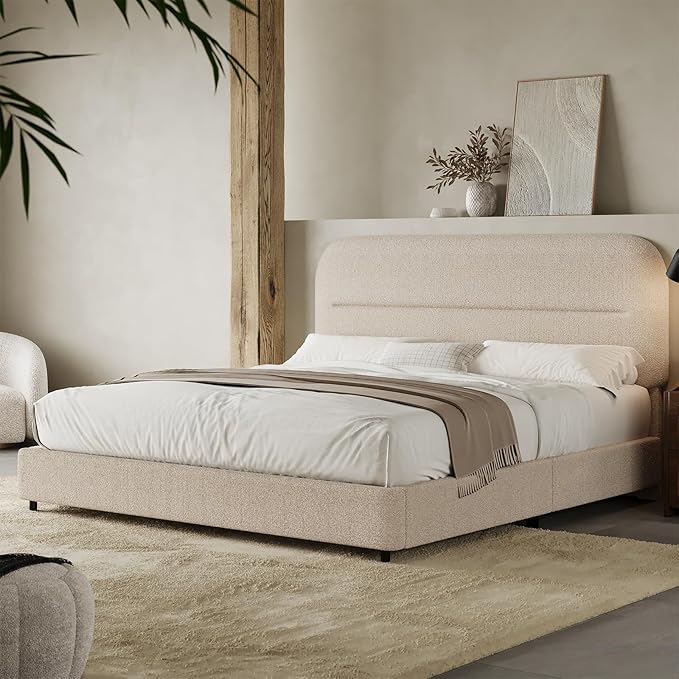 Full Size Boucle Bed Frame, Upholstered Cloud Bed with Headboard, Soft Bed Frames, Modern Style/Thickened Footboard/Rounded Corners Design/No Box Spring Required/Easy Assembly, Beige