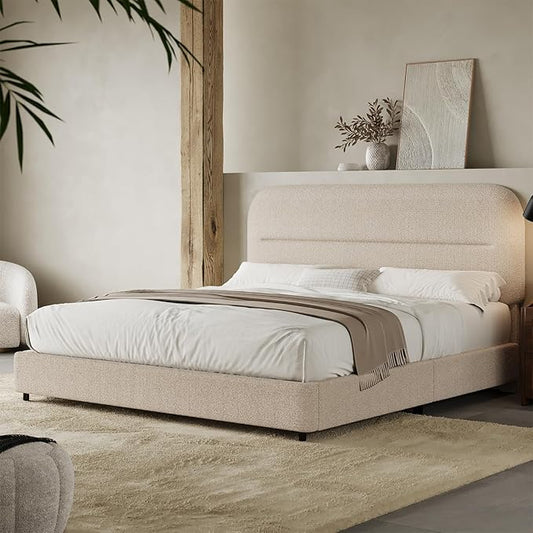 Full Size Boucle Bed Frame, Upholstered Cloud Bed with Headboard, Soft Bed Frames, Modern Style/Thickened Footboard/Rounded Corners Design/No Box Spring Required/Easy Assembly, Beige