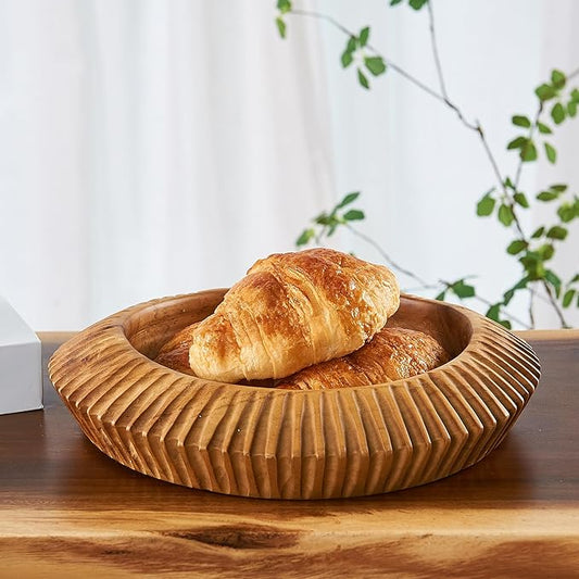 Teak Handcrafted Wooden Bowls Natural Wood Round Utility Bowl 11.8" W Handmade Rustic Serving Platter Fruit Snack Holder for Entry Table Vintage Artworks Dining Room Home Décor