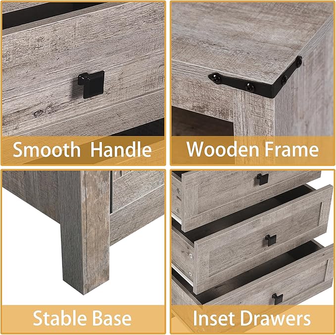 Wood 6 Drawer Dresser & 2 Nightstand Set for Bedroom, Wide Drawer with Farmhouse Handle for Bed Room, Hallway, Rustic Grey